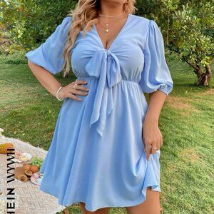 SHEIN WYWH Plus Solid Tie Front Bishop Sleeve Dress